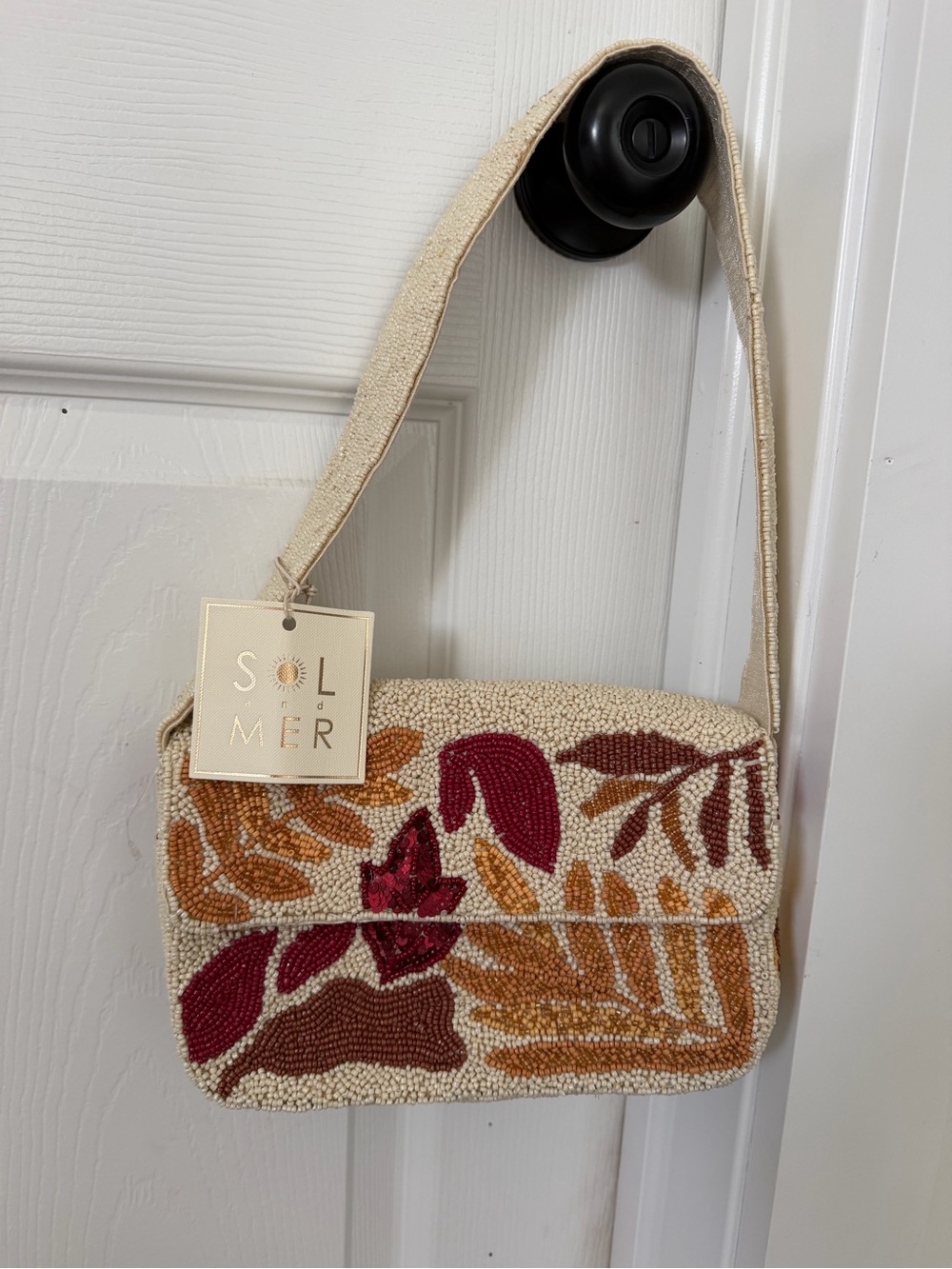 Cream Beaded Shoulder Bag with Autumn Leaves